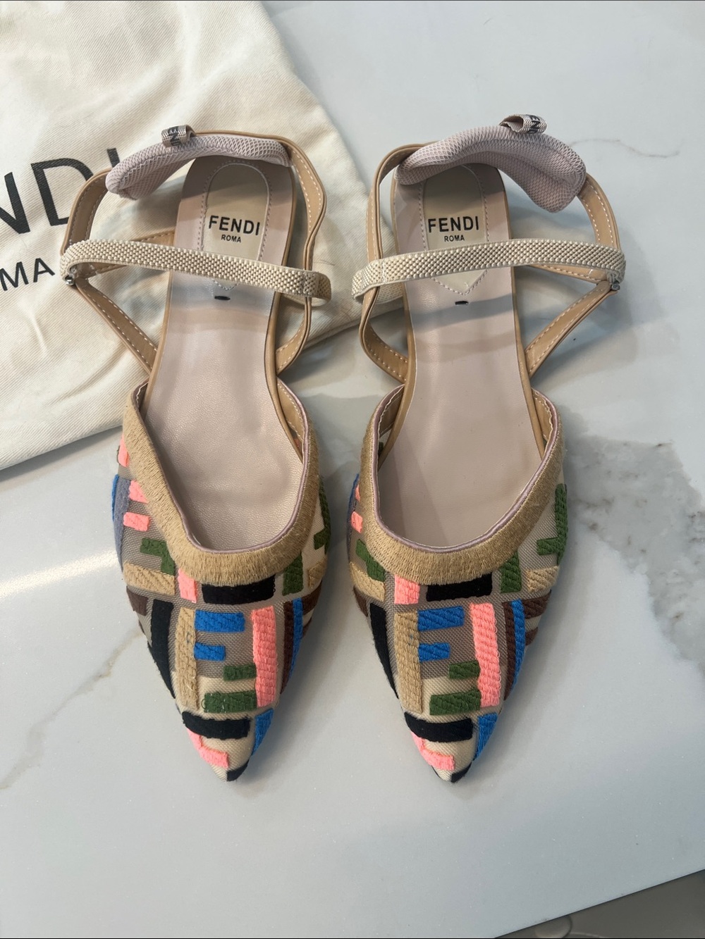 Fendi Multicolor Embroidered Pointed-Toe Slingback Flats